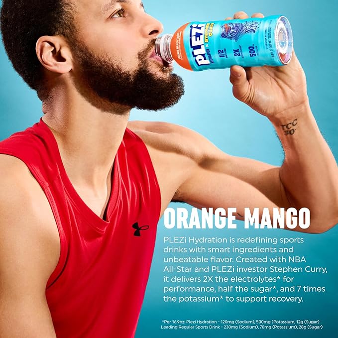 PLEZi Orange Mango Twist Hydration Drink x Stephen Curry - Sports Drinks with 2X Electrolytes - 500mg Potassium Low Sugar No Added Sugar - For Kids &amp Adults - 16.9 Fl Oz (12 Pack)