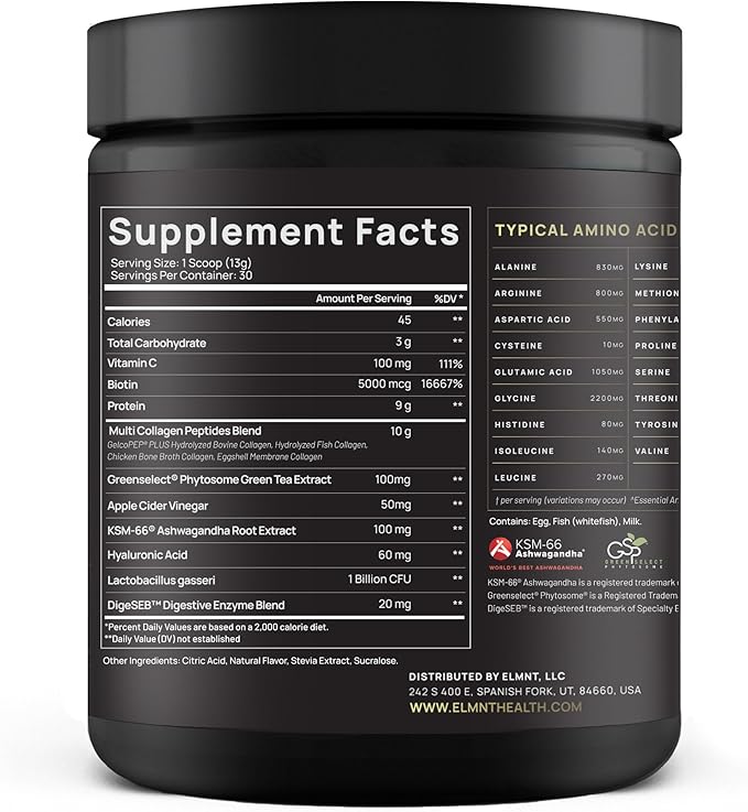 ELMNT Super Collagen Burn for Women w. Probiotics Hyaluronic Acid Apple C Vinegar KSM66 Biotin+ Premium Colageno Multi Collagen Protein Powder for Weight Loss Fat Burner Hair Skin+ (R-Lemonade)