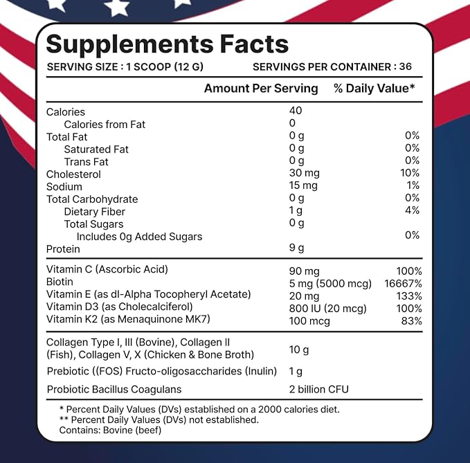 Multi Collagen Peptides w/Prebiotic + Probiotics + Type I II III V X + Hydrolyzed Collagen Powder w/Vitamin C+D3+B7+K2+E Hyaluronic Acid Supports Skin Hair Nail Joint Grass-Fed Non-GMO
