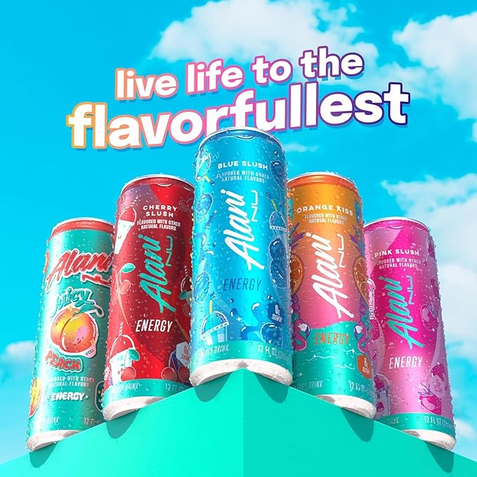 New Alani Energy Drinks Blue Slush Orange Kiss Cherry Twist New Flavors Variety Pack Sugar-Free Low-Calorie 200mg Caffeine Energy Boost Drinks 12 fl oz (Pack of 6)