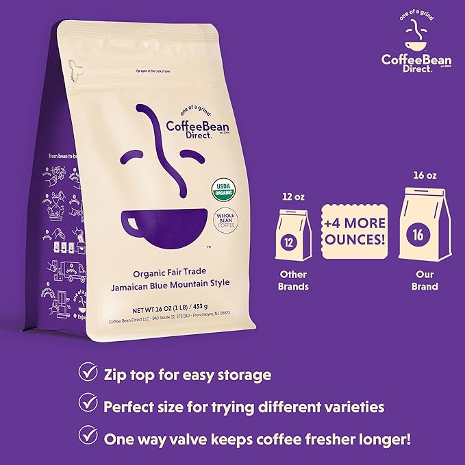 Coffee Bean Direct Organic Fair Trade Jamaican Blue Mountain Style Whole Bean Coffee Light Roast 1 Pound Bag (Pack of 1)