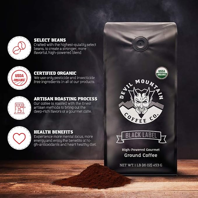 Devil Mountain Coffee Black Label Dark Roast Ground Coffee Strong High Caffeine Coffee Grounds USDA Organic Fair Trade Gourmet Artisan Roasted Strongest Coffee in the World 16 oz Bag