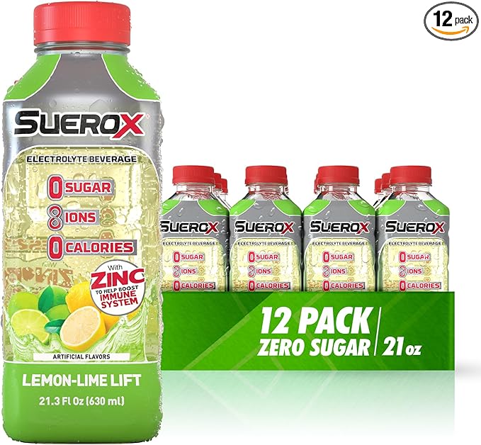 SueroX Sugar Free Sports Drink for Hydration and Recovery Electrolyte Hydration Drink with 8 Ions Zero Calorie Sports Drinks Lemon Lift 21.3 Fl Oz 12 Count