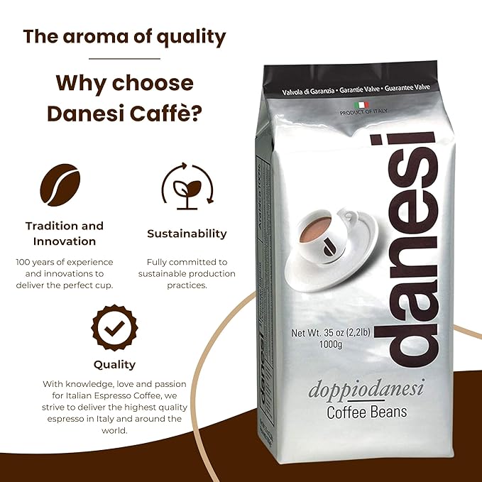 Danesi Caffe Italian Whole Coffee Beans - Espresso Coffee Beans and Medium Roast Whole Bean - Perfect for Espresso Machines French Press and Home Brewing - Doppio (4.5 lb)