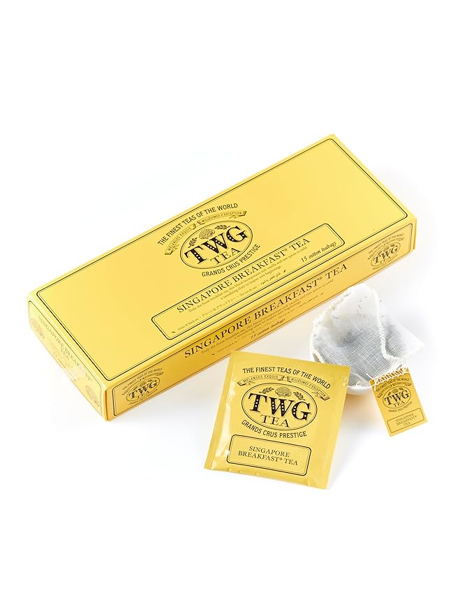 TWG Tea | Singapore Breakfast Tea | Black Tea &amp Green Tea | Vanilla &amp Spices | 15 Hand Sewn Cotton Tea Bags| Gift Set