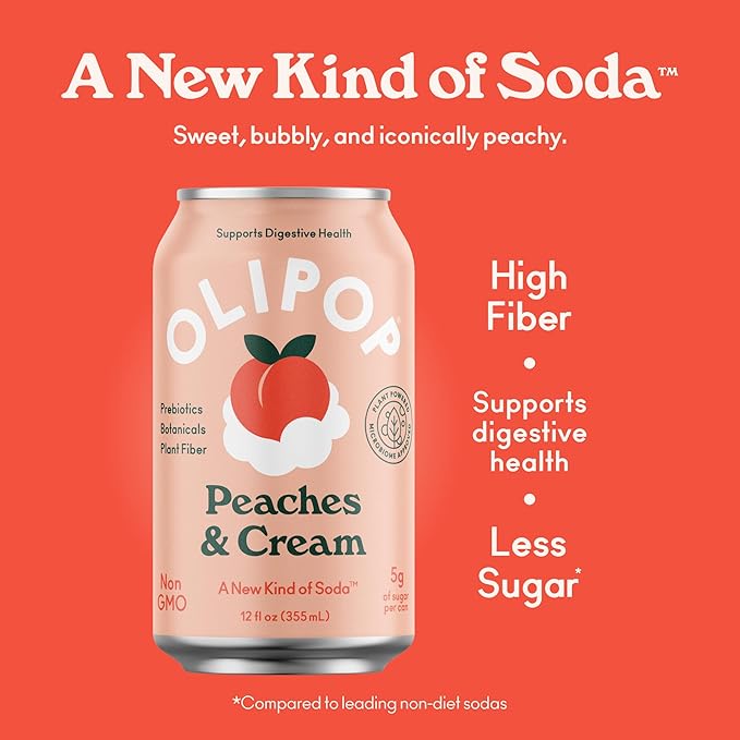 OLIPOP Prebiotic Soda Pop Peaches &amp Cream A New Kind of Soda Packed with Prebiotics Fiber and Botanicals Gluten Free GMO Free 12oz (12-Cans)
