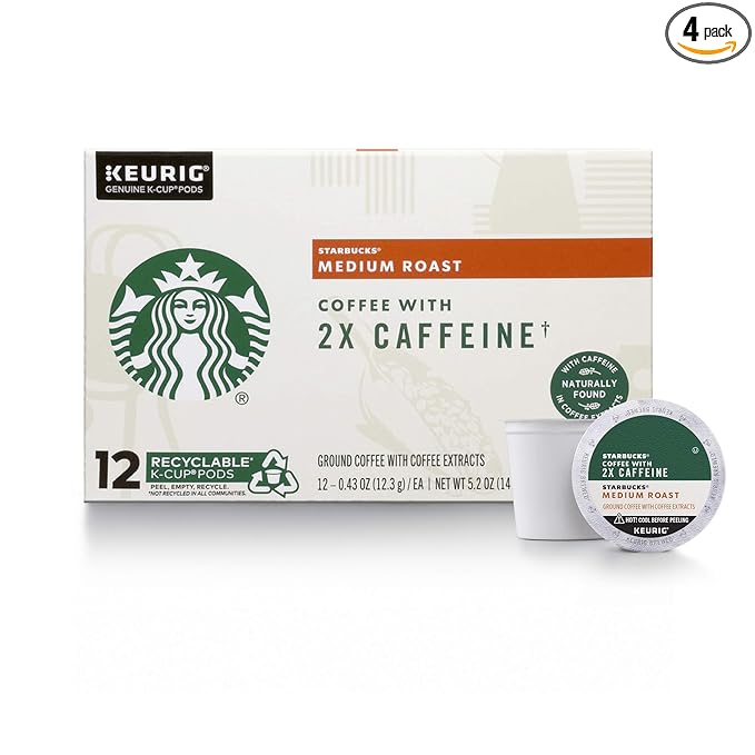 Starbucks Medium Roast K-Cup Coffee Pods with 2X Caffeine for Keurig Brewers 4 boxes (48 pods total)