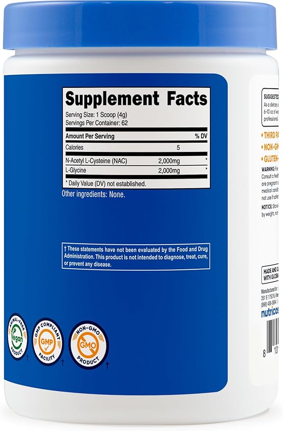 Nutricost NAC + Glycine Powder (250 Grams) Unflavored - 2000mg NAC + 2000mg Glycine per Serving Vegan GMO-Free Gluten-Free 62 Servings