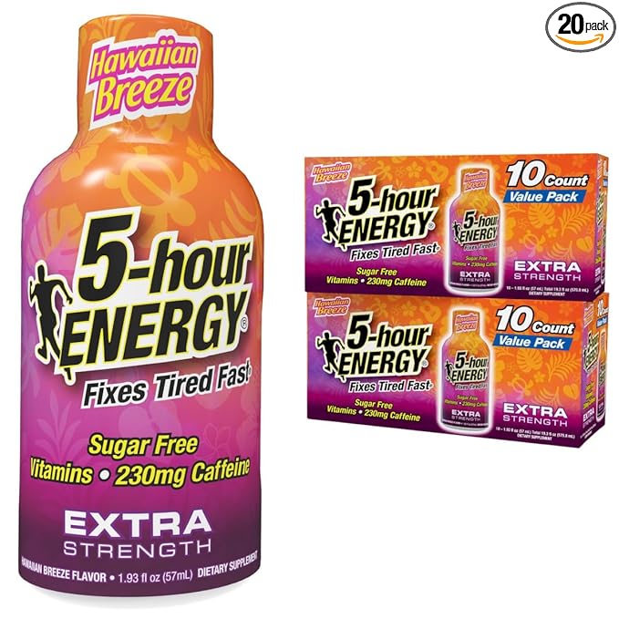 5-hour ENERGY Extra Strength Hawaiian Breeze Energy Shot 1.93oz 20-Pack – Sugar Free Caffeine Energy Booster with B-Vitamins &amp Amino Acids – Zero Calorie (20 Bottles – Single Flavor Hawaiian Bre