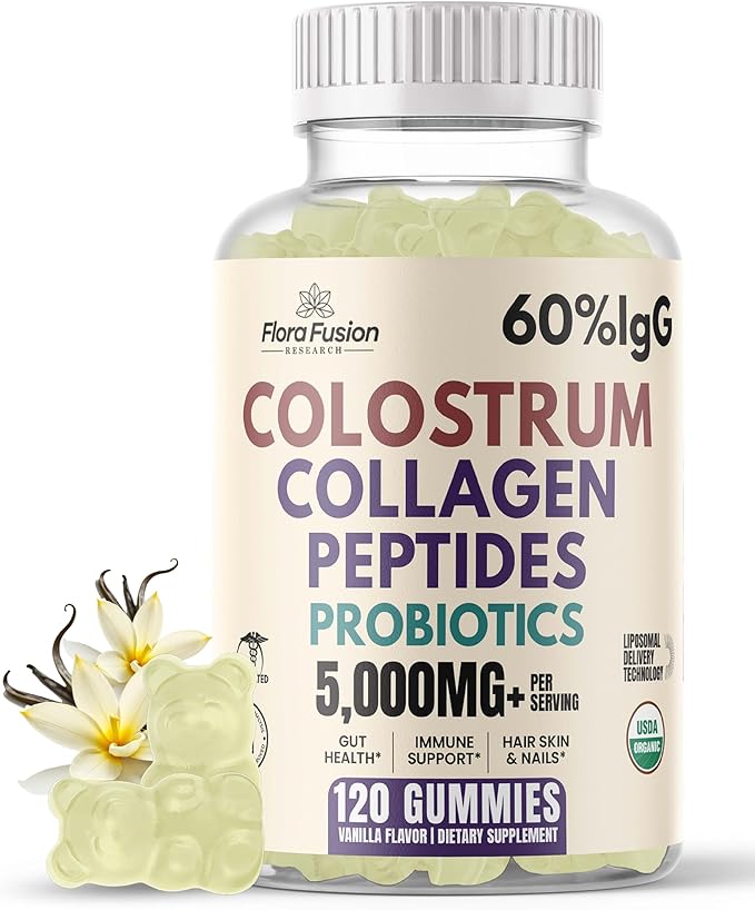 Colostrum Gummies I Collagen Peptides I Probiotics 5000+ mg w/ 60% IgG I Immunity Support &amp Gut Health - Liposmal Technology - U.S. Sourced Superfood - Grass-Fed Bovine - 120 gummies (Vanilla Flav