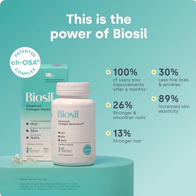 Biosil Collagen Booster Supplement - 60 Vegan Capsules - Patented ch-OSA Activator for Skin Hair Nails &amp Joints - Supports Natural Production - 30-Day Supply (Pack of 2)