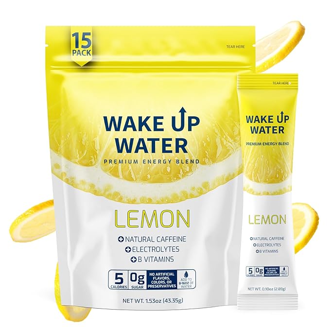 Wake Up Water Energy Drink Mix Sugar Free Clean Energy Powder with Electrolytes &amp B Vitamins Natural Caffeine for Focus &amp Hydration (15 Pack) - Lemon