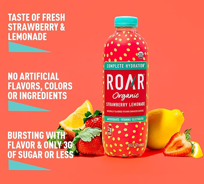 ROAR Complete Hydration Organic - Electrolyte Drinks Loaded with Vitamins C B5 B12 - Non-GMO Gluten-Free - Strawberry Lemonade - 12 pc
