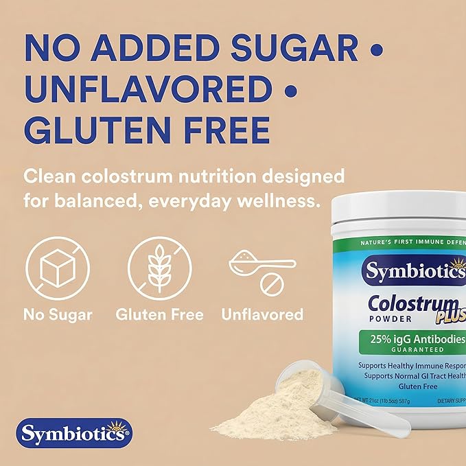 Symbiotics Colostrum Plus Powder 21 oz Immune &amp Muscle Recovery Support 25% IgG Immunoglobulins Gut Health &amp Training Resilience Unflavored Gluten Free - 21 oz