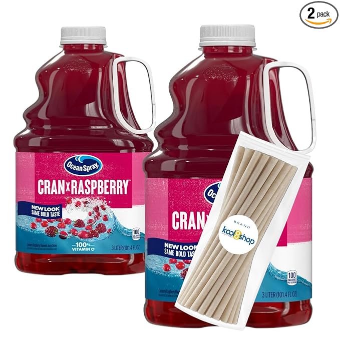 Ocean Spray Cran Raspberry Juice Drink 101.4 fl oz Plastic Bottles 2 Pack + 15 Sugarcane Disposable Straws by KOOL8SHOP Infinite Deals