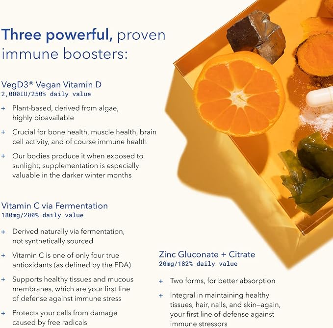 TRU NIAGEN Immune Support Supplement - Daily Defense Vitamin C from Fermentation Vegan Vitamin D3 2000 IU Zinc Plus Theracurmin (Curcumin) + Multi Award-Winning NAD Boosting Niagen 150mg 60ct