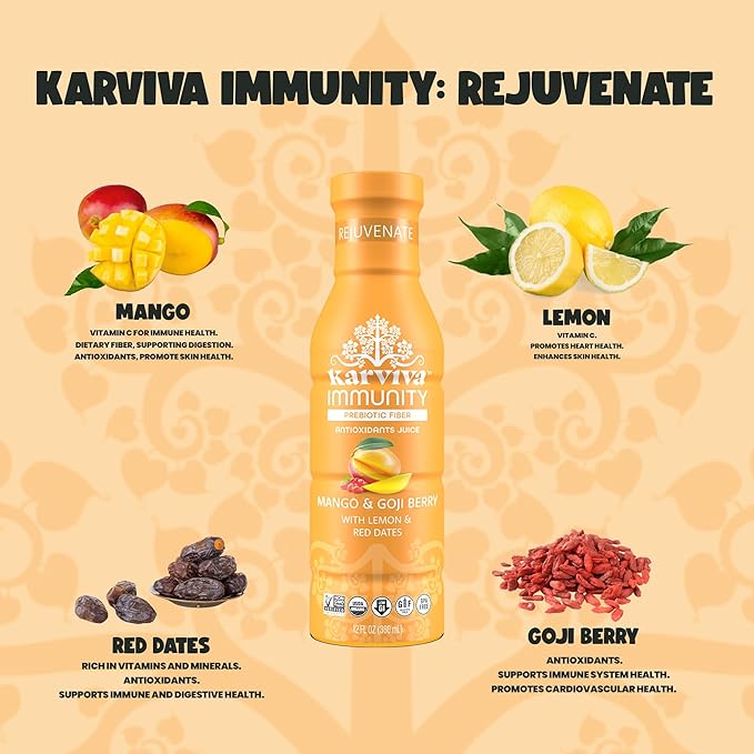 KARVIVA Rejuvenate Immunity Organic Juice Ancient Beauty Tonic Mango &amp Goji Berry Natural Electrolytes &amp Antioxidants Low Sugar Low Carlories 12 fl oz Bottles (6 Pack)