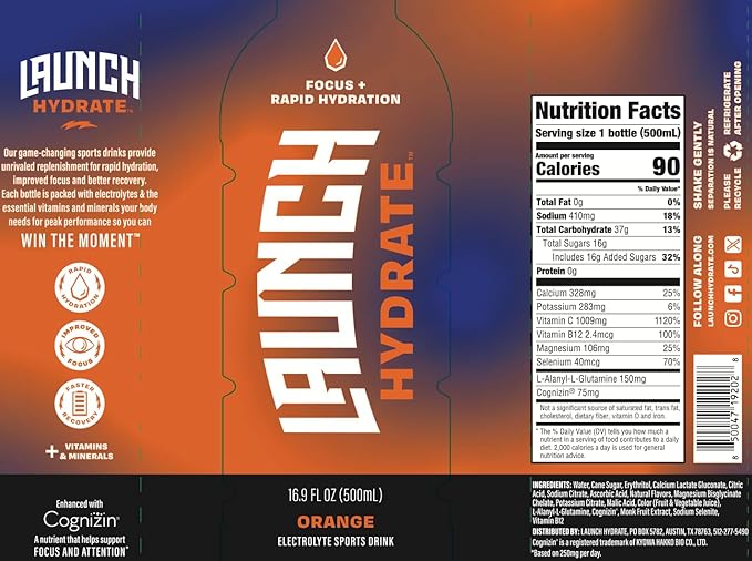 Sports Drink: Orange Flavor - 16.9 Oz (12 Pack) Energy Drink + Hydration Real Cane Sugar Electrolytes Cognizin for Focus Vitamin B12 Energy Boost L-Glutamine Hydration Formula No Artificial Swe