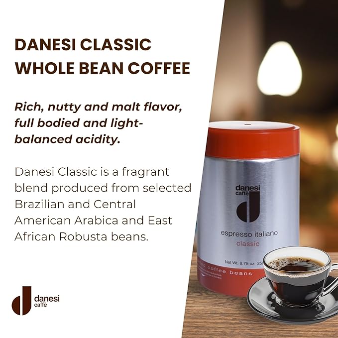 Danesi Caffe Italian Whole Coffee Beans - Espresso Coffee Beans and Medium Roast Whole Bean - Perfect for Espresso Machines French Press and Home Brewing - Classic (8.75 oz)