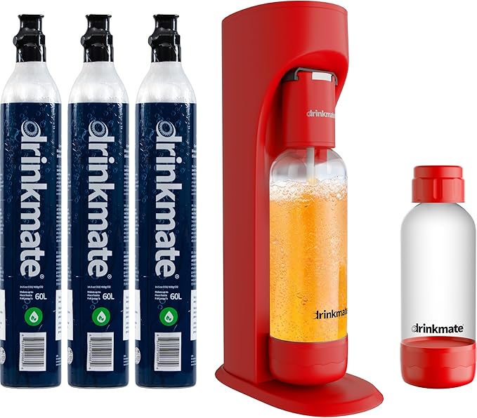 Drinkmate OmniFizz Sparkling Water and Soda Maker Carbonates Any Drink ULTIMATE BUNDLE - Includes three 60L CO2 Cylinders Two Carbonation Bottles and Fizz Infuser (Royal Red)