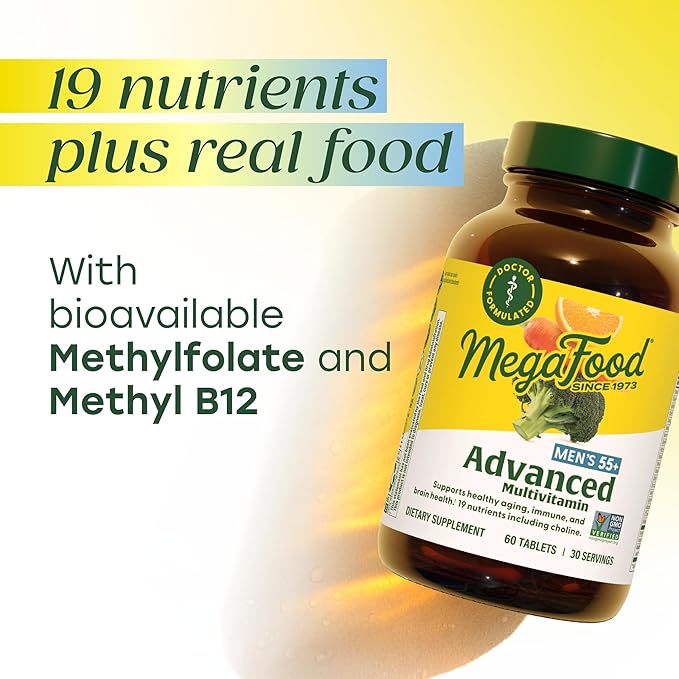 MegaFood Advanced Multivitamin for Men 55+ Mens Multivitamins 50 Plus Methylated B12 Methyl folate Choline Vitamin D Brain &amp Muscle Health Immune Support Vegetarian - 60 Tablets (30 Servin