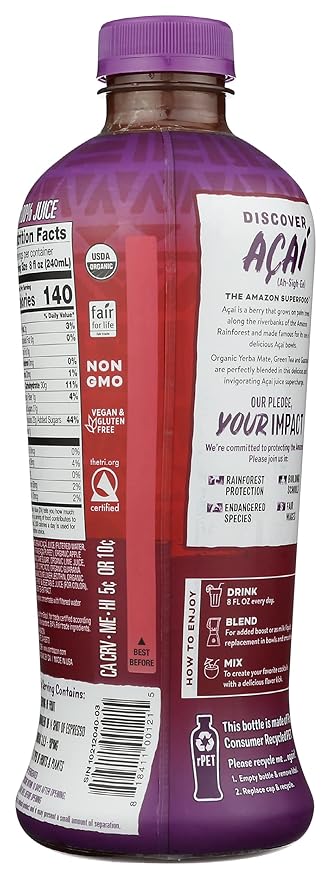 Sambazon Organic Energy Superfood Juice Blend Açaí Berry Yerba Mate and Guarana Juice 32 Ounce
