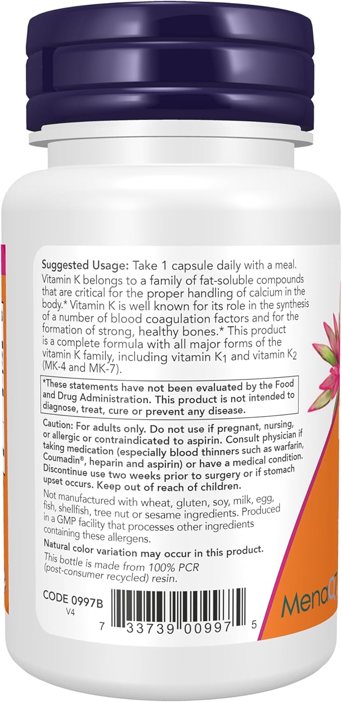 NOW Foods Supplements MK-7 Plus with K1 &amp MK-4 Supports Bone Health* 90 Veg Capsules