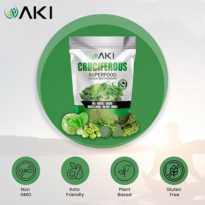 AKI Cruciferous Superfood Green Mix Powder - Made from Kale Broccoli Brussels Sprouts Cabbage - Packed with Essential Phytonutrients &amp Vitamins ((16oz/454g))