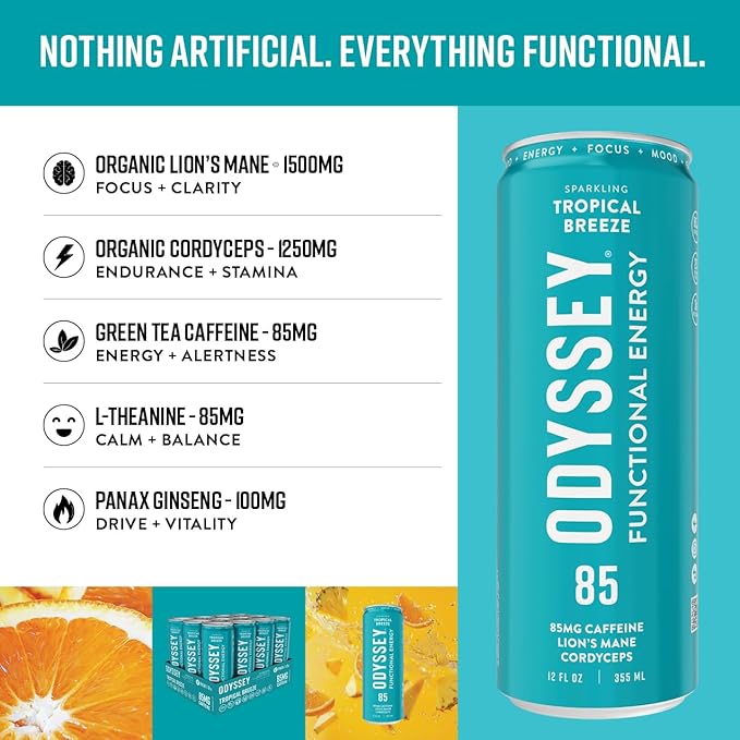 Odyssey Functional Energy Drink for Focus Cognition &amp Mood Support 12 Pack - Adaptogenic Drink with 85mg Green Tea Caffeine Lion’s Mane Cordyceps L-Theanine &amp Ginseng Sparkling Tropical