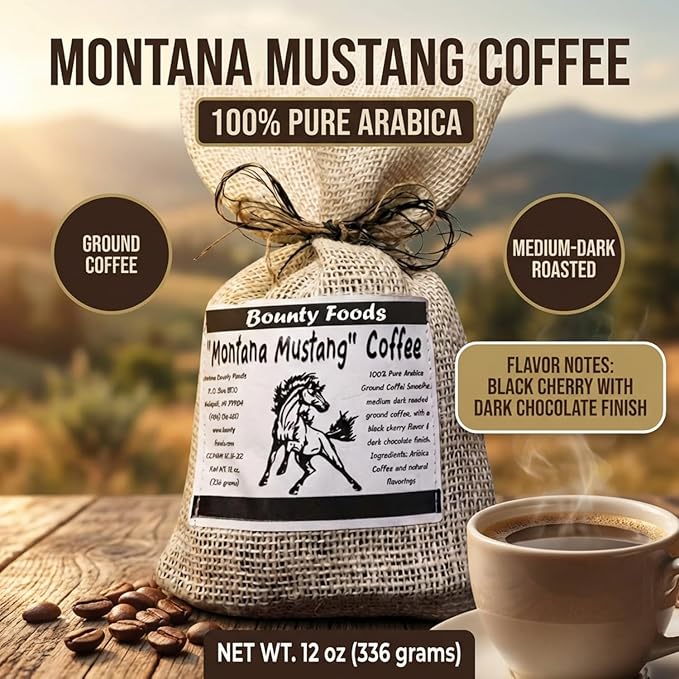 Montana Mustang Columbian Arabic Coffee - 12 oz Ground &amp Roasted w/ Natural Black Cherries In a Rustic Western Style Burlap Bag from Bounty Foods - Enjoy this American Breakfast Essential (MUS 12o