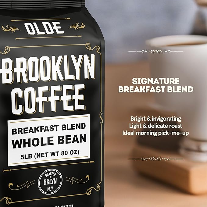 BROOKLYN COFFEE Whole Bean Breakfast Blend Light Medium Roast (5lb) Delicate Smooth Low Acidity - Fresh Bulk Coffee Beans Roasted Weekly in NYC