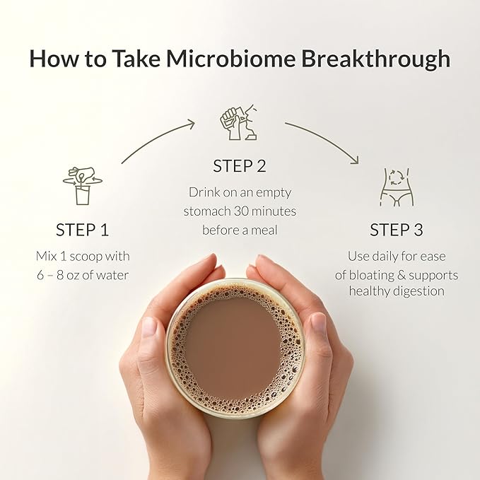 Microbiome Breakthrough Gut Support Powder Chocolate Flavor With Lactobacillus Strains Bone Broth &amp Collagen Source of L-Glutamine Supports Digestive Comfort Gas &amp Bloating Relief 30 Serving