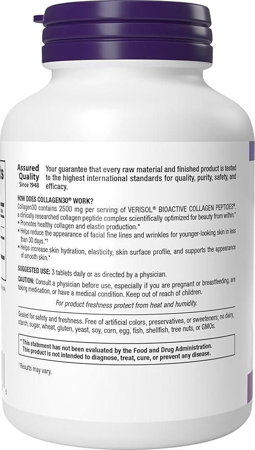 Webber Naturals Collagen30 Anti-Wrinkle 2500mg of Bioactive Collagen Peptides Per Serving (3 Tablets) 180 Tablets Helps Reduce Deep Wrinkles Fine Lines Non GMO Dairy Gluten Free