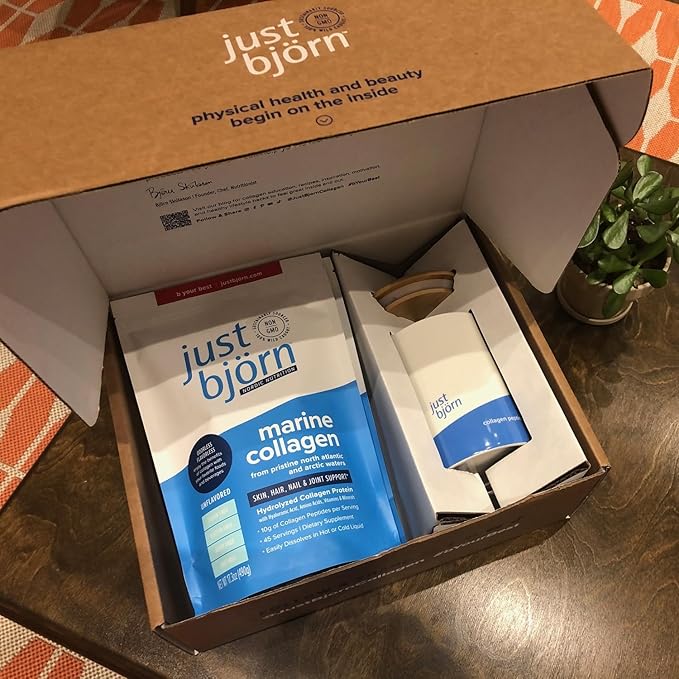 Just Bjorn Marine Collagen Peptides Starter Kit - Collagen Powder for Women &amp Men - Skin Hair Nail &amp Joint Support - Hyaluronic Acid Vitamin C Amino Acids - Unflavored (90 Servings)