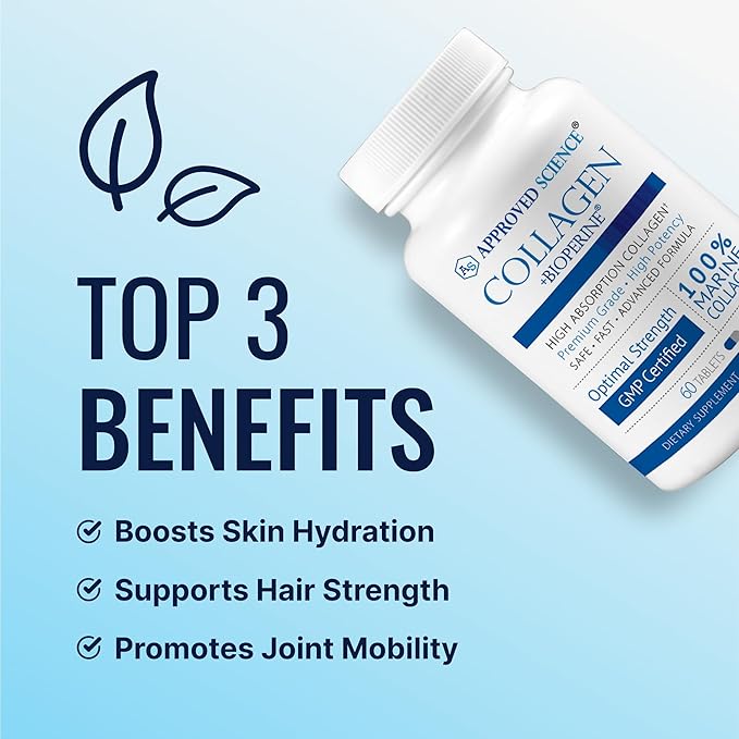 Approved Science Collagen Pills - Absorbable Marine Collagen Types I and III - 60 Tablets - Healthy Hair and Skin - Vitamin C Sodium and Bioperine for Fast Results - Non-GMO Made in USA
