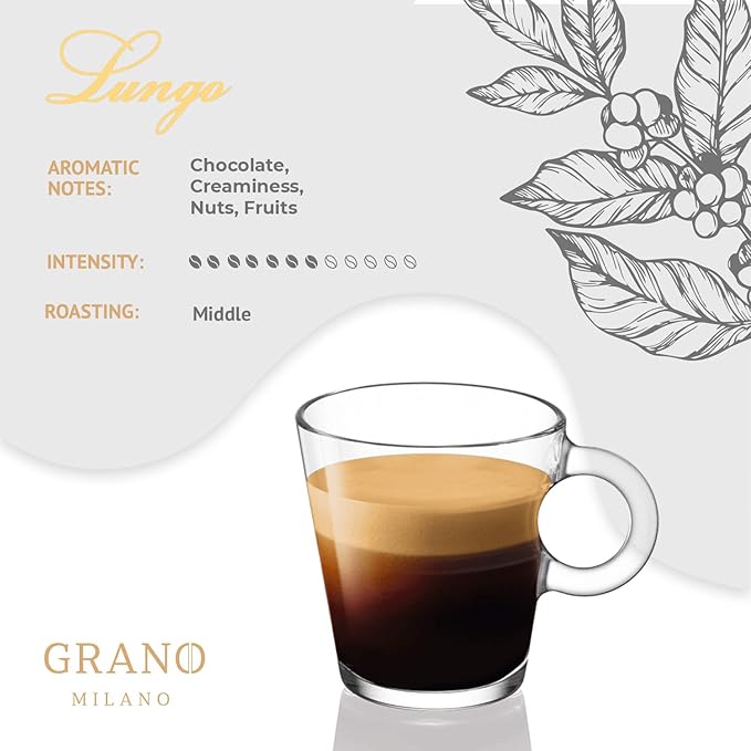 Grano Milano Lungo - 50 Espresso Pods Compatible with Nespresso Original line 100% Arabica Medium Roast - Intensity 7/12 Coffee Capsules Made in Italy Espresso Coffee