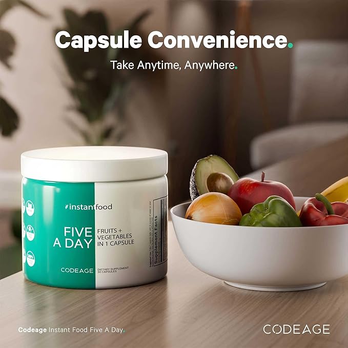 Codeage Instantfood Five A Day – Fruits &amp Vegetables Capsule Supplement – Whole Food Phytonutrients – 15 Fruits and Veggies Blend - Vegan Non-GMO – 30 Capsules
