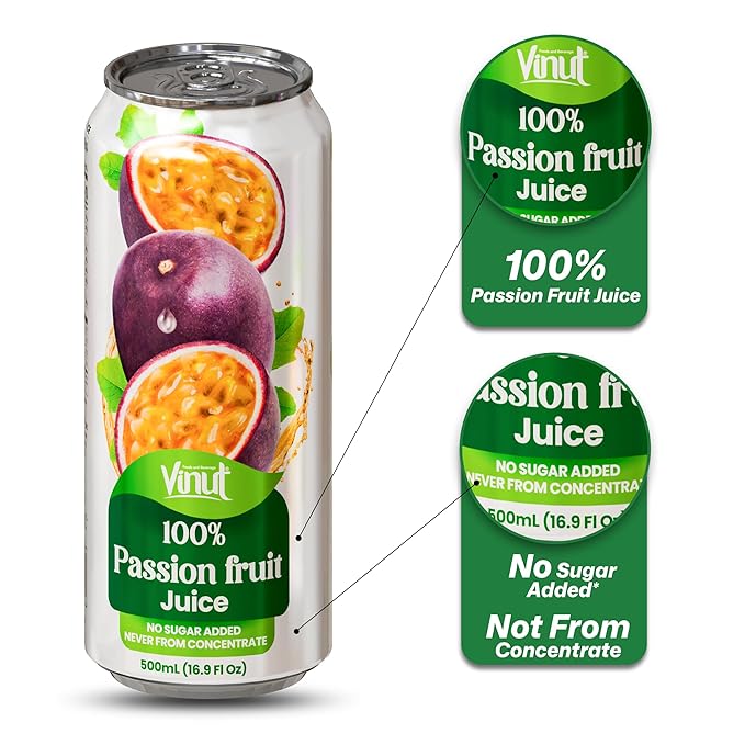 VINUT 100% Passion Fruit Juice No Added Sugar Not From Concentrate 16.9 fl oz (500 mL) Can Pack of 12