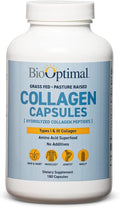 BioOptimal Collagen Peptides Capsules - Grass-Fed Pasture-Raised Hydrolyzed Protein Supplement for Skin Hair &amp Nails - Non-GMO Zero Sugar Daily Pills for Men &amp Women (180 Capsules)