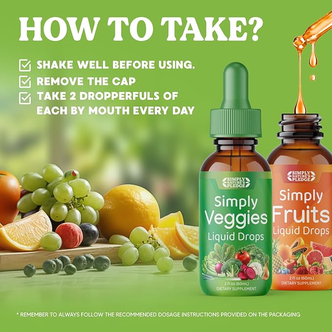 Simply Nature's Pledge - Fruit and Vegetable Supplements - Liquid Drops - Made with Whole Food Superfoods Packed Vitamins &amp Minerals - Soy Free - Made in The USA