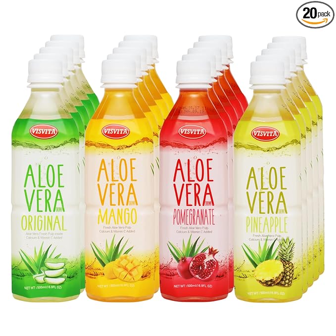 VISVITA Aloe Vera Juice with Real Pulp Variety Pack | Digestive Health Hydration &amp Energy Boost | No Artificial Colors 16.9 oz Original (5) Mango (5) Pineapple (5) Pomegranate (5) (Pack of
