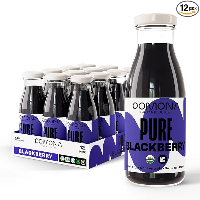 Pomona Organic Blackberry Juice (Pack Of 12) Cold Pressed USDA Organic Juices 100% Blackberries No Added Sugar Not From Concentrate Vegan Kosher Non GMO Pasteurized 8.4 Oz Glass Bottles