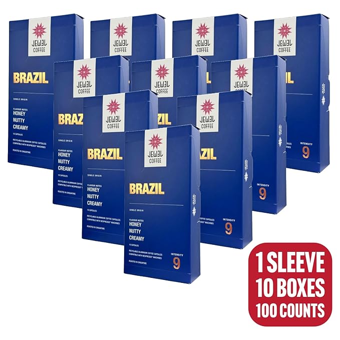 Jewel Coffee Specialty Coffee Capsules - Brazil Single Origin 100% Arabica Coffee Intensity 9 Medium Roast Compatible with Original Nespresso Machines 100 Count (10 Boxes of 10 Espresso Capsules)
