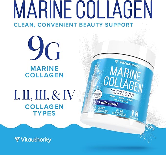 Vitauthority Marine Collagen Peptides Powder Supplement | Hydrolyzed Fish Collagen Peptides | 10000mg per Scoop 9g Protein Skin Hair Nail Sustainably Sourced Whitefish | Unflavored 18 Servings