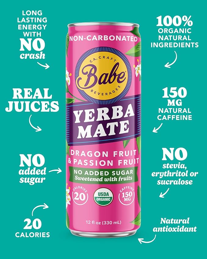 Babe Organic Yerba Mate Energy Drinks | NO SUGAR ADDED with 150mg Plant-Based Caffeine | Natural Yerba Mate Tea with No Crash No Jitters - Peach Mango &amp Passion Dragon (12 x 12oz Cans)