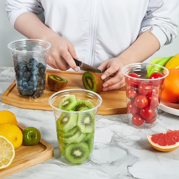 Vplus 200 Pack 12 OZ PET Clear Plastic Cups with Lids 12 OZ Crystal Cold Disposable Drinking Plastic Cups with Flat Lids Perfect for Ice Coffee Smoothie Juice