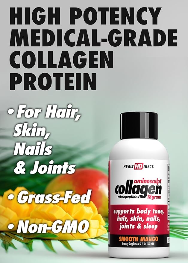 HEALTH DIRECT – Medical-Grade Liquid Collagen Shots – AminoSculpt Sugar-Free – Smooth Mango – 12 Servings (12pk 2oz Shots) – Good for Joints Bones &amp Sleep – Better Hair Skin &amp Nails