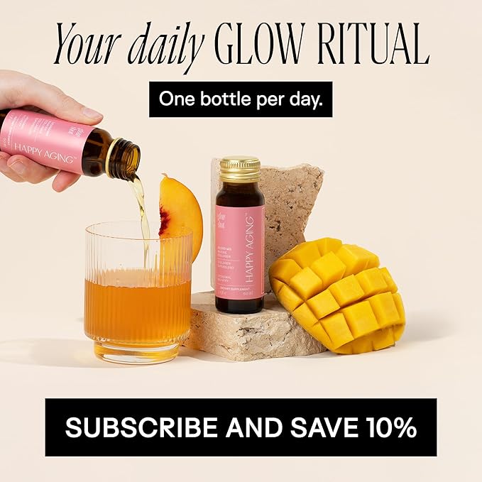 Happy Aging Marine Collagen Peptides Glow Shot 10000mg - Liquid Collagen for Women with Liposomal Delivery - Promotes Skin Hydration Elasticity &amp Radiance - Supports Hair &amp Nails 10 Shots