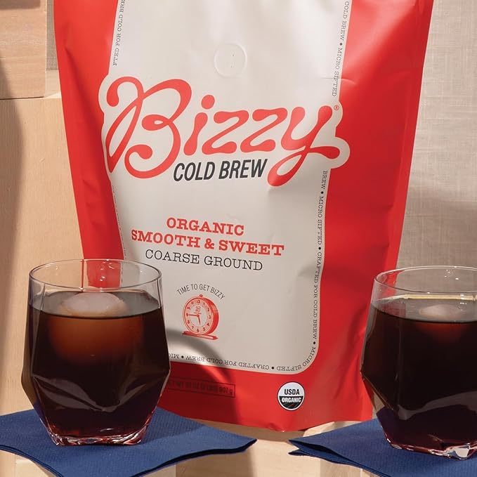 Bizzy Organic Cold Brew Coffee | Smooth &amp Sweet Blend | Coarse Ground Coffee | Medium Roast | Micro Sifted | Specialty Grade | 100% Arabica | 2 LB