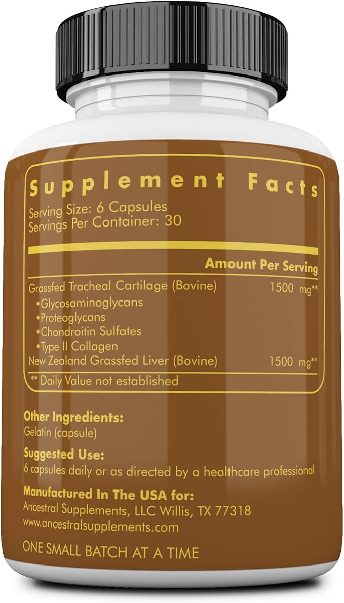 Ancestral Supplements Grass Fed Beef Tracheal Cartilage Supplement with Liver 3000mg Immune Health and Joint Support Supplement Promotes Healing Non-GMO 180 Capsules